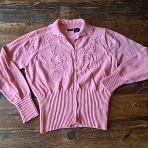 Langents XL Pink Floral‎ Embroidered Knit Cardigan fitted cottagecore cute